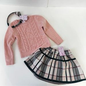 Tommy Bahama Toddler Girl 3 Piece Set- Chenille Sweater, Plaid Skirt & Headband